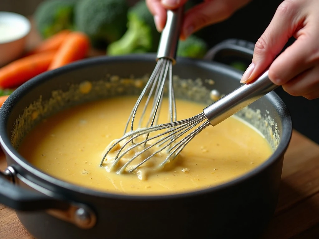 Preparing the creamy soup base in a pot