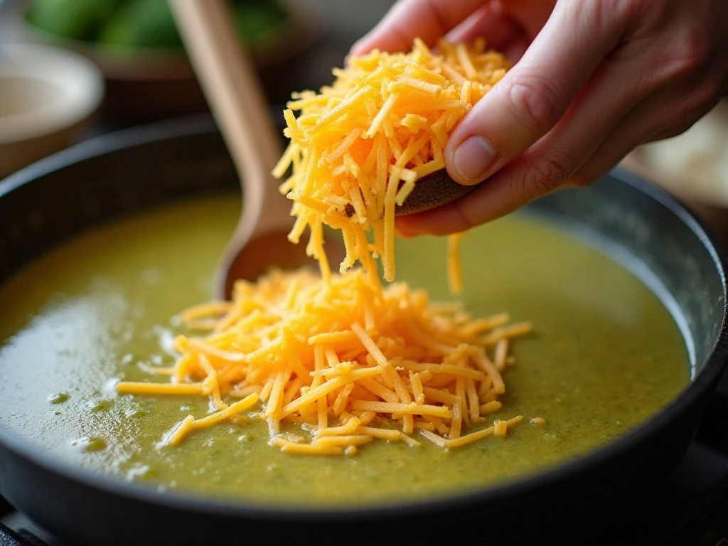 Adding shredded cheddar to broccoli cheese soup