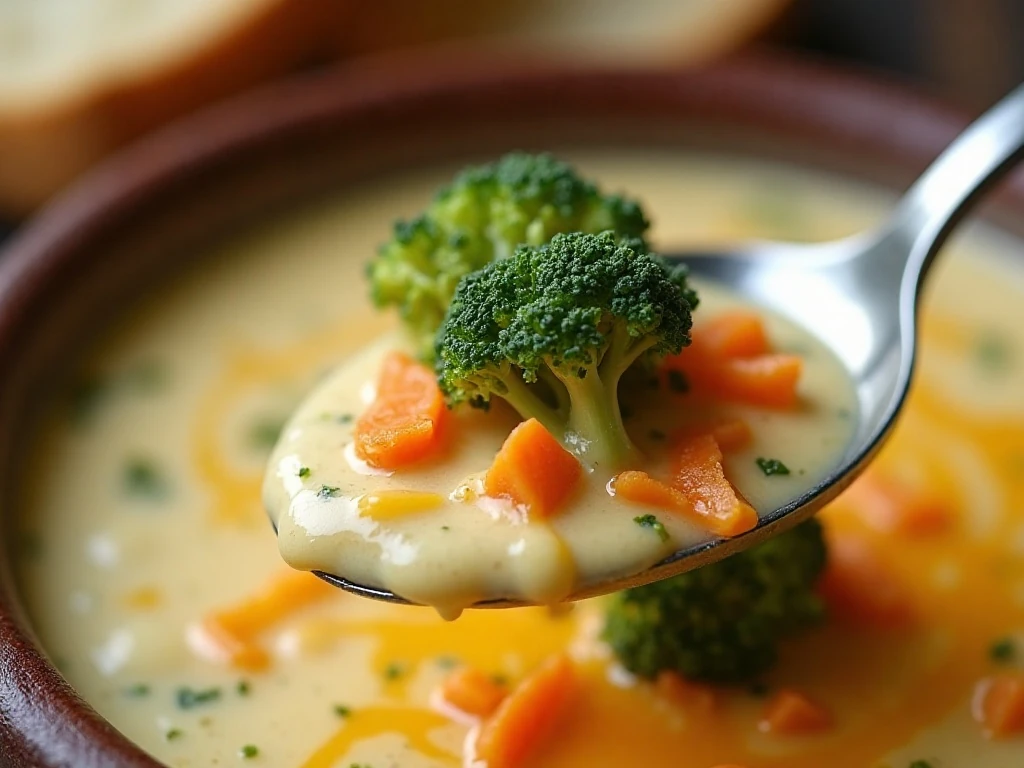 Close-up spoonful of broccoli cheddar soup
