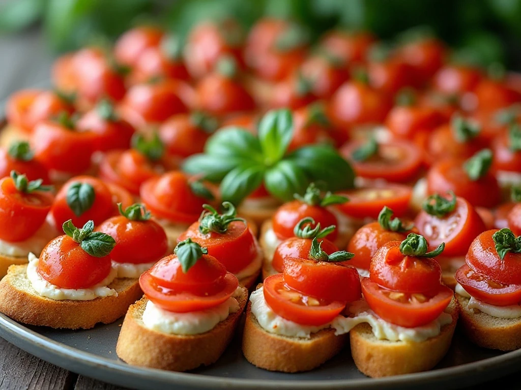 A platter of crisp tomato and basil bruschetta ready to serve