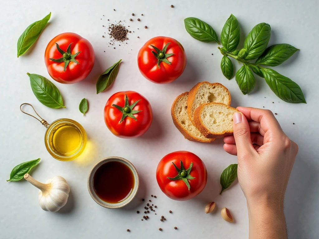 Ingredients for tomato basil bruschetta arranged for cooking