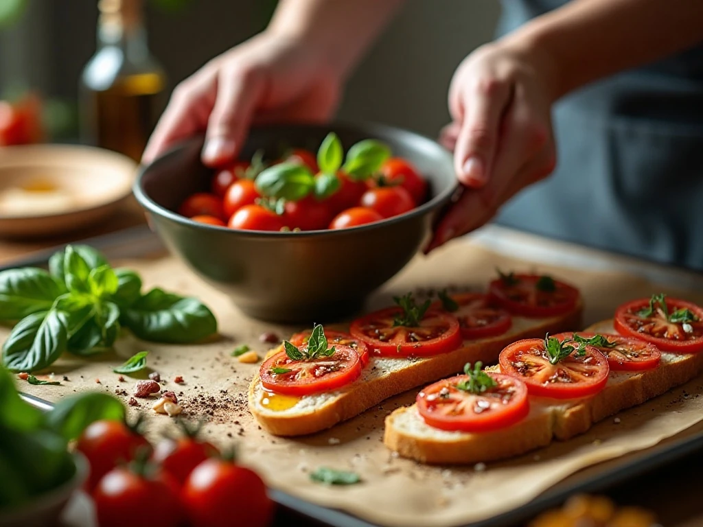 Tomato bruschetta topping being mixed beside bread ready for toasting