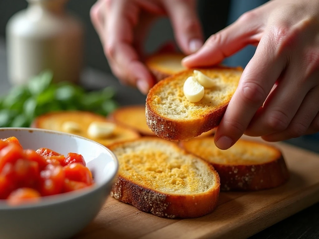 Hot toasted bread being rubbed with garlic for bruschetta