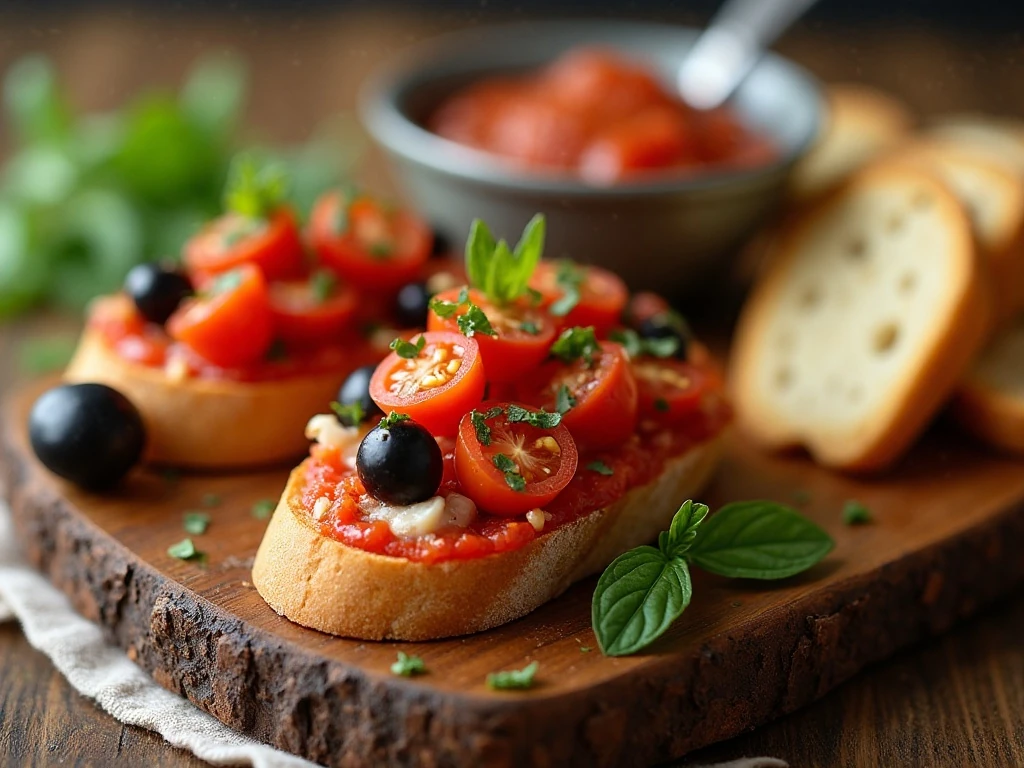 Bruschetta served on an appetizer board with complementary sides