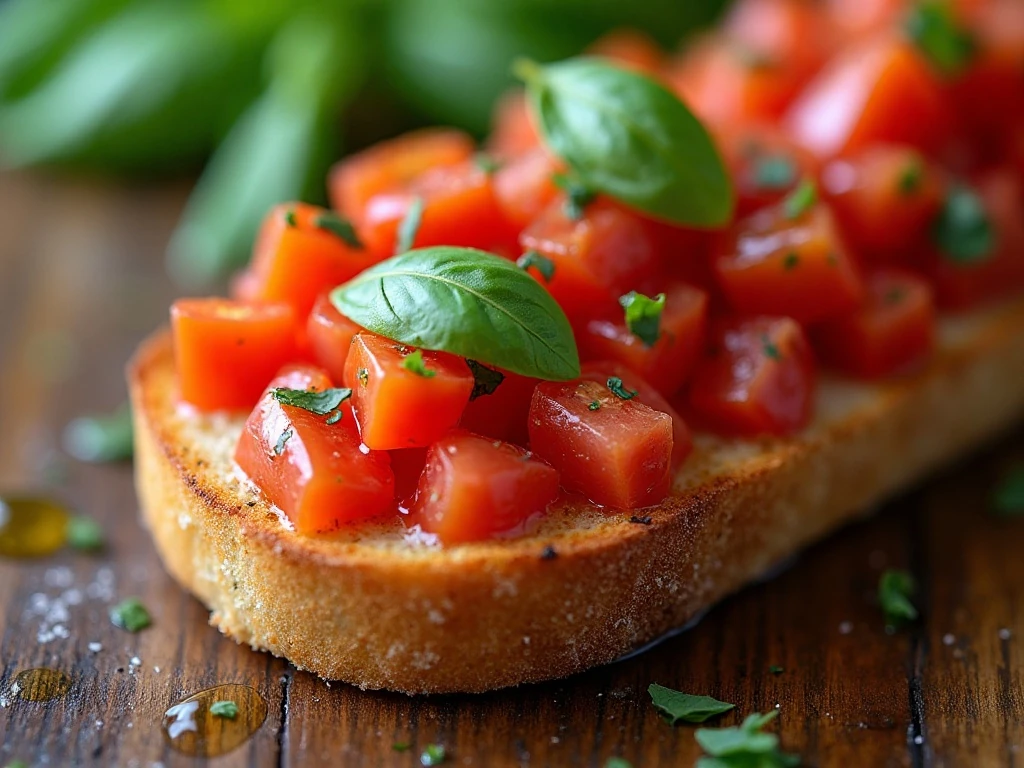 Close-up of tomato basil bruschetta with crisp garlic-rubbed toast