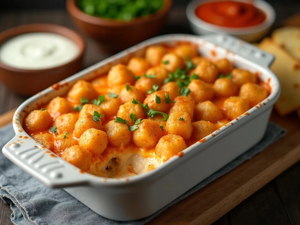 Golden Buffalo chicken tater tot casserole ready for dinner