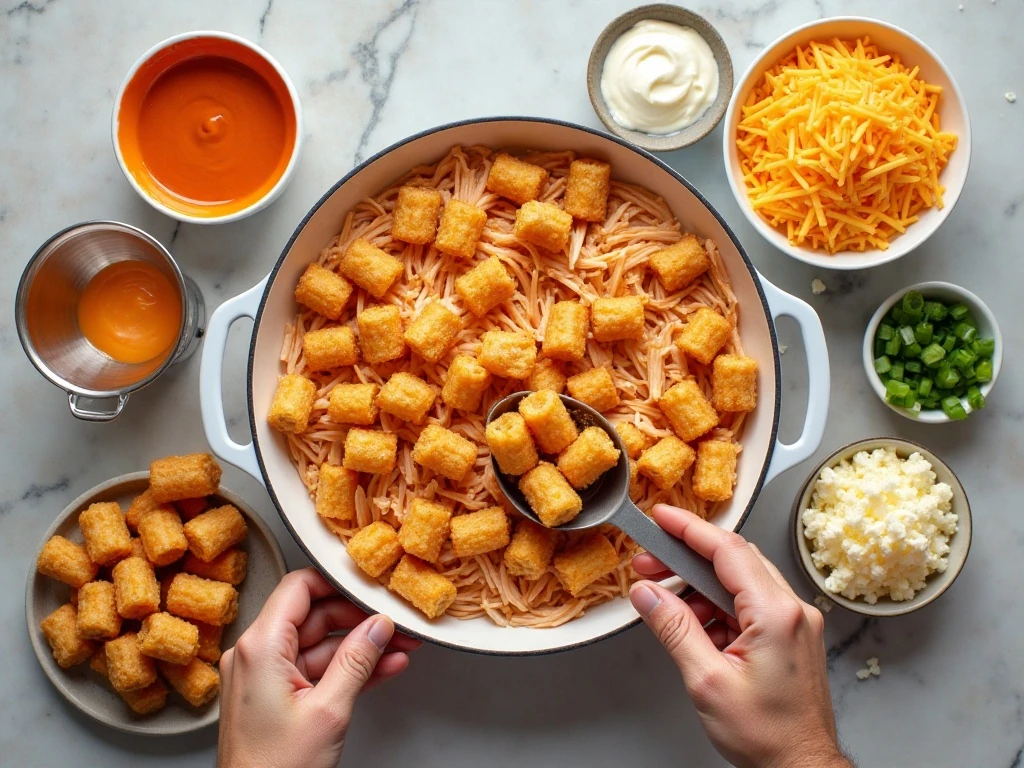 Ingredients for easy Buffalo chicken tater tot casserole