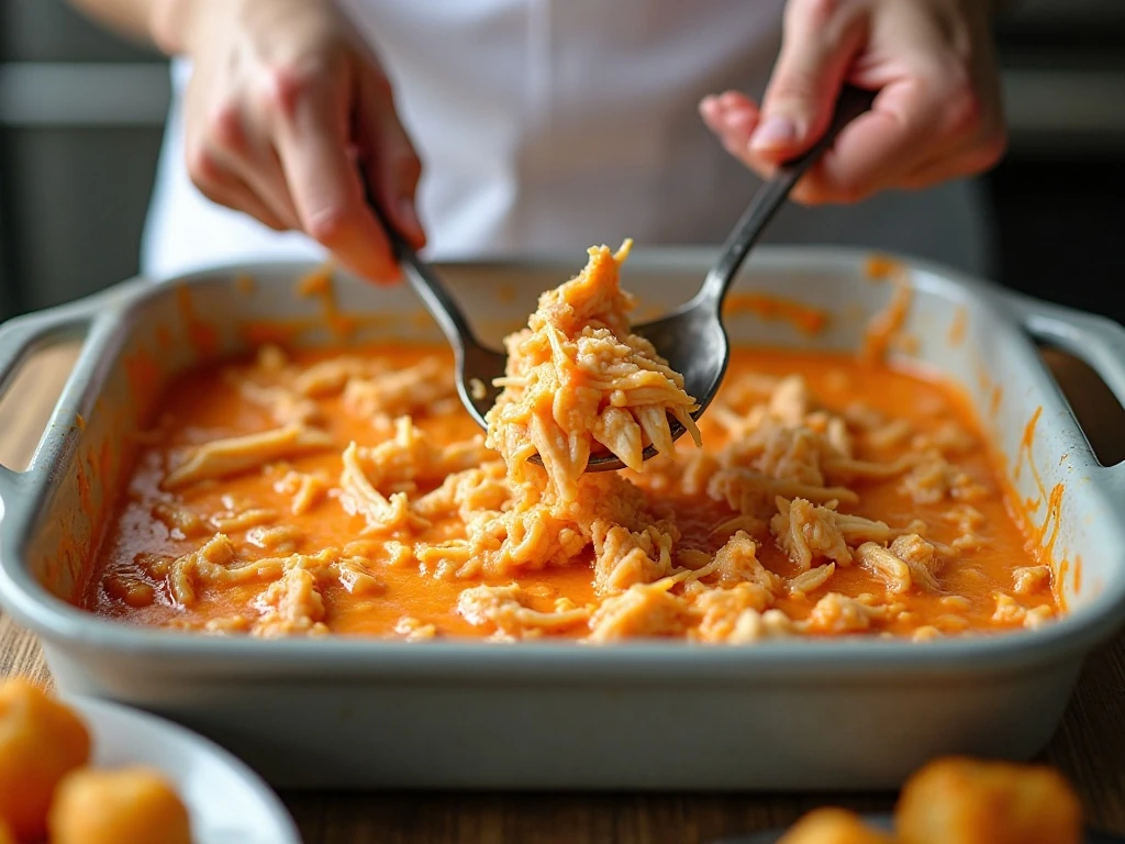 Mixing the creamy Buffalo chicken casserole filling