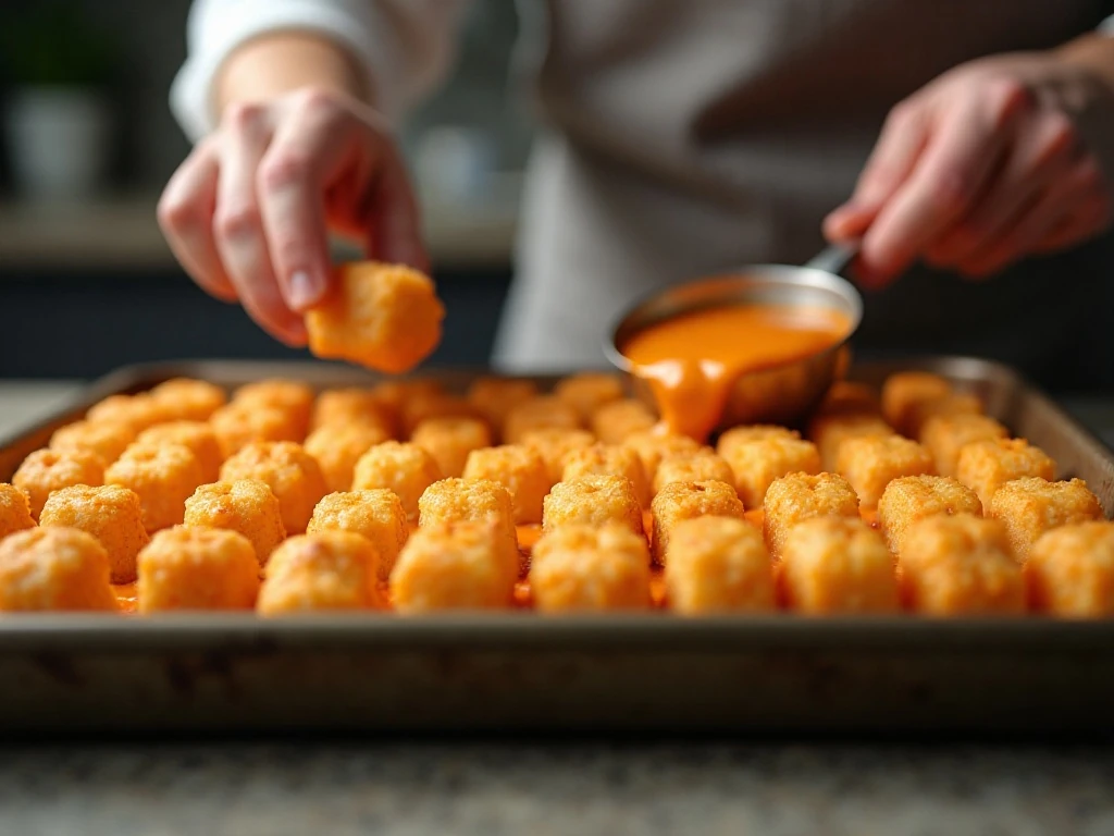 Arranging frozen tater tots for a crisp casserole topping