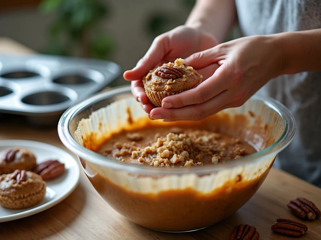 Folding toasted pecans into butter pecan cupcake batter