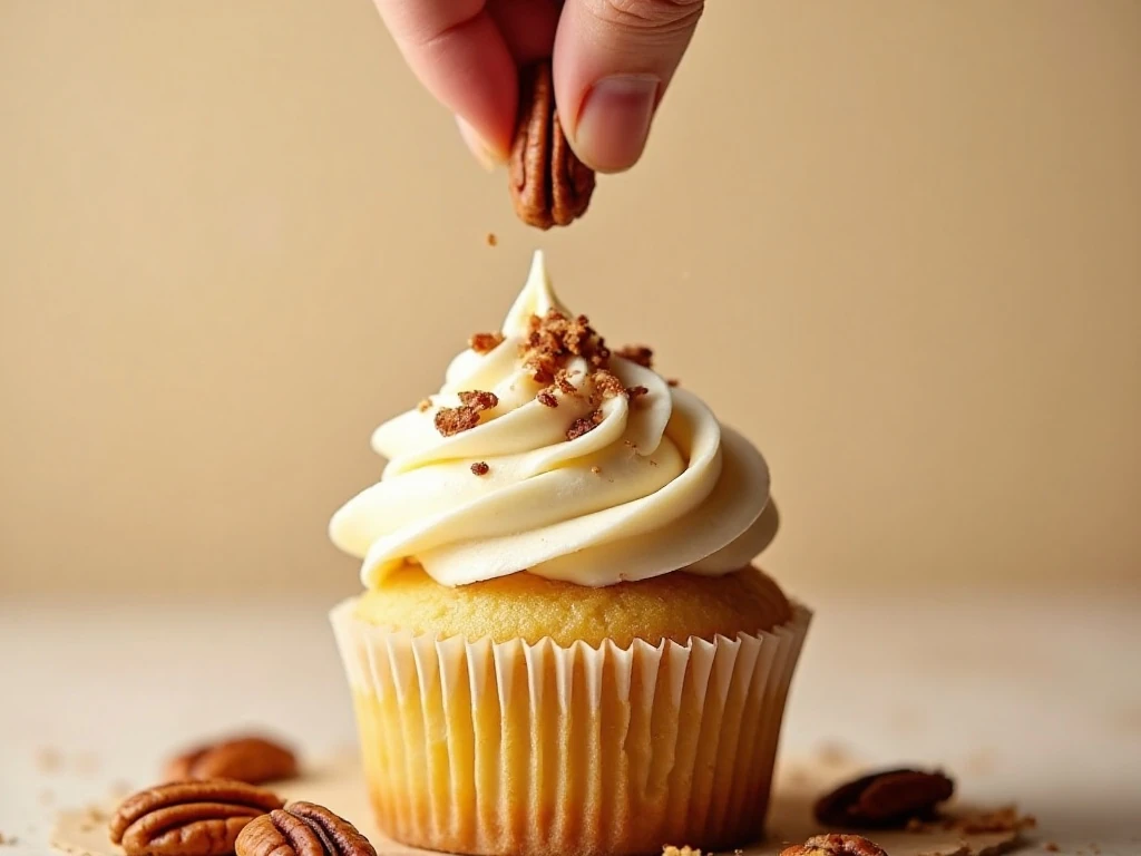 Toasted pecans sprinkled over butter pecan cupcake frosting