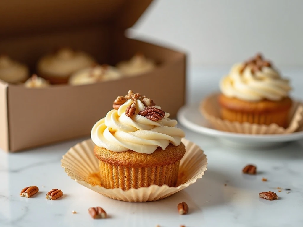 Stored butter pecan cupcakes in a bakery box