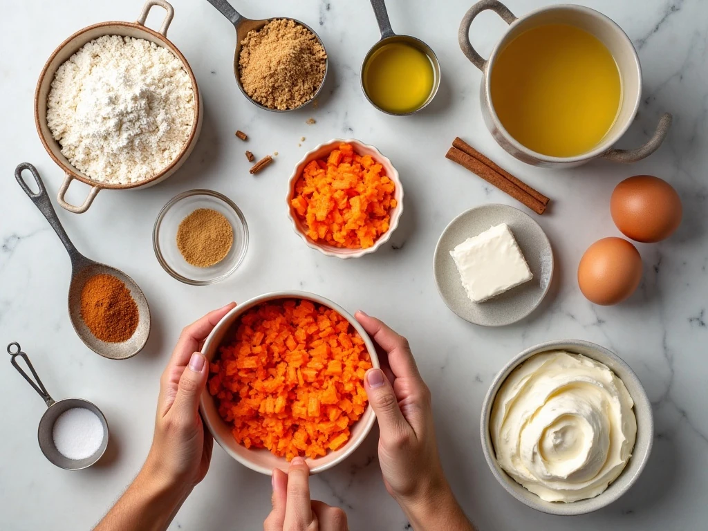 Ingredients for homemade carrot cake and cream cheese frosting
