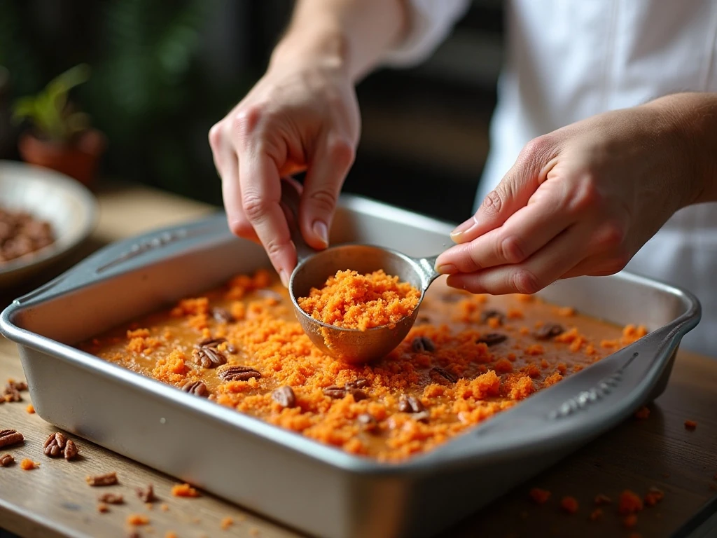 Mixing carrot cake batter with grated carrots and nuts