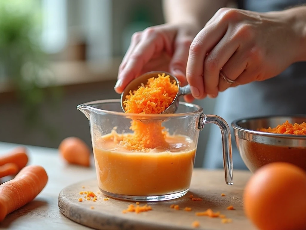 Freshly grated carrots being measured for moist carrot cake