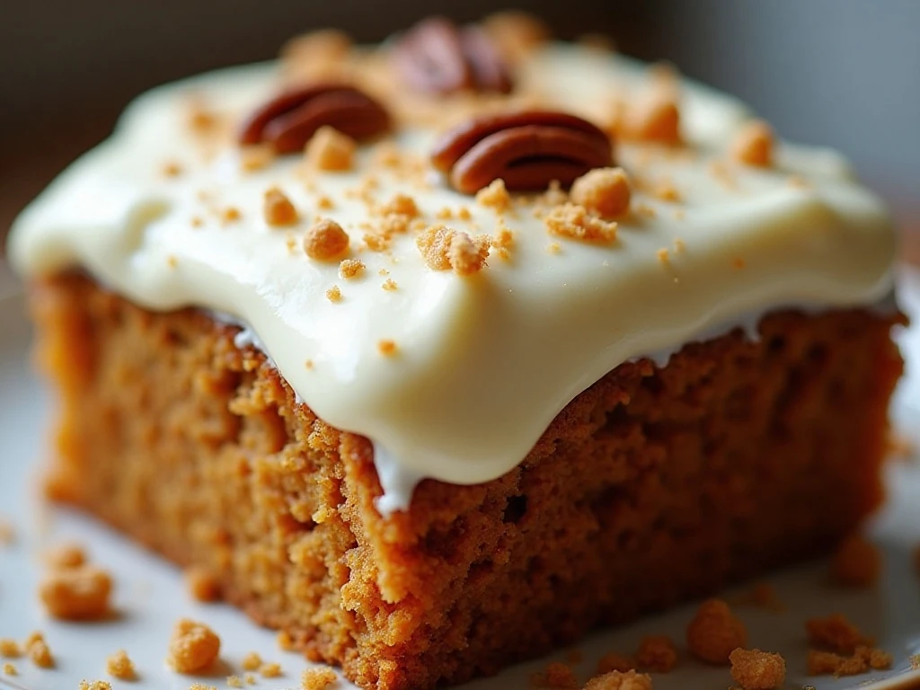 Cream cheese frosting and pecan garnish on carrot cake