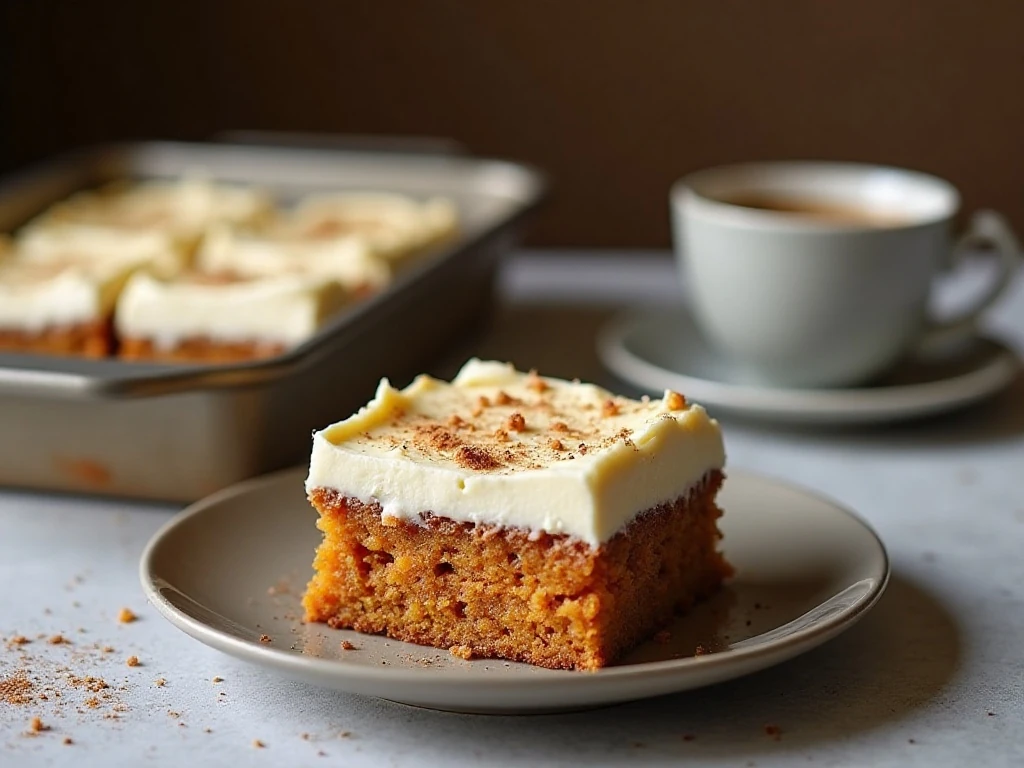 Carrot cake squares ready for serving with coffee