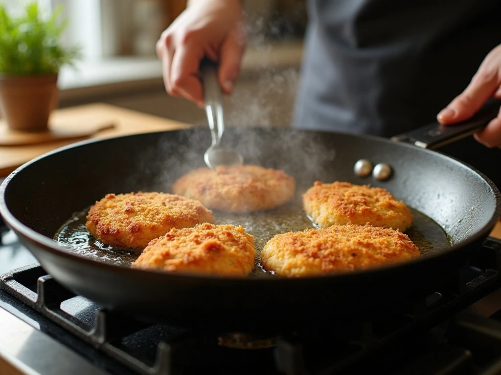 Golden chicken cutlets frying until crisp