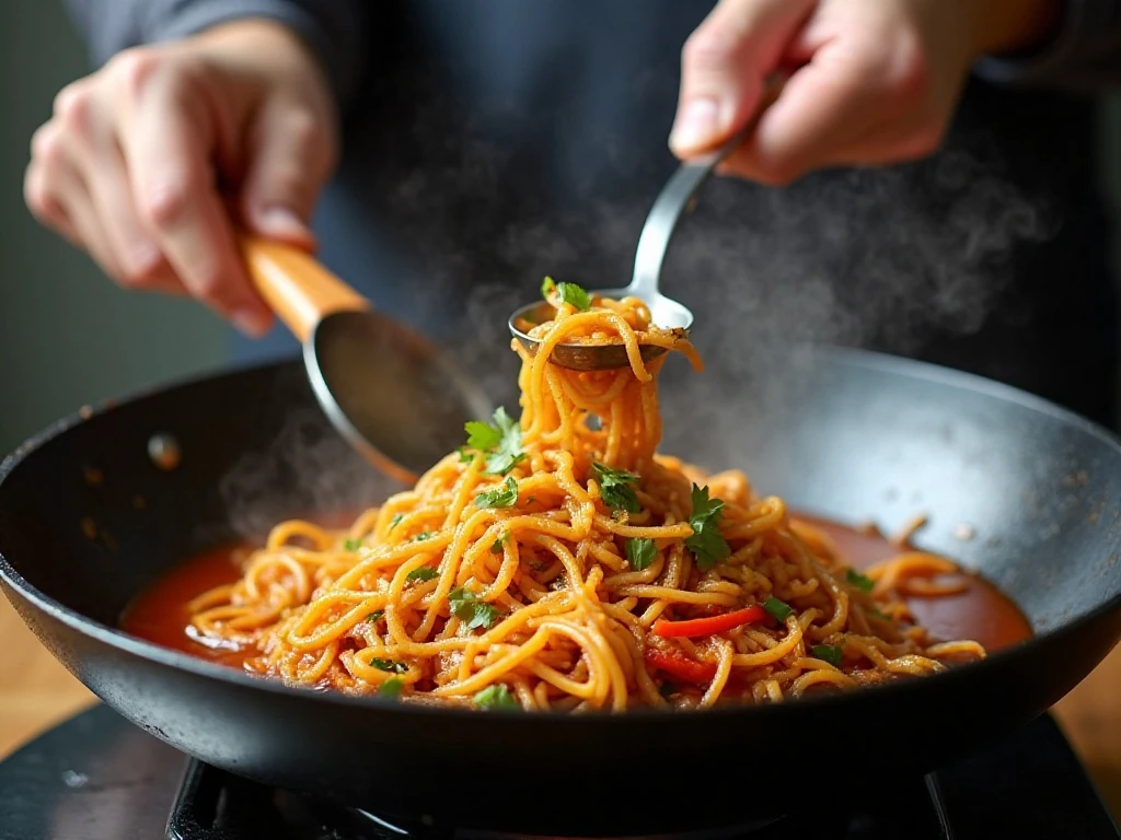 Noodles and vegetables being stir-fried for chow mein