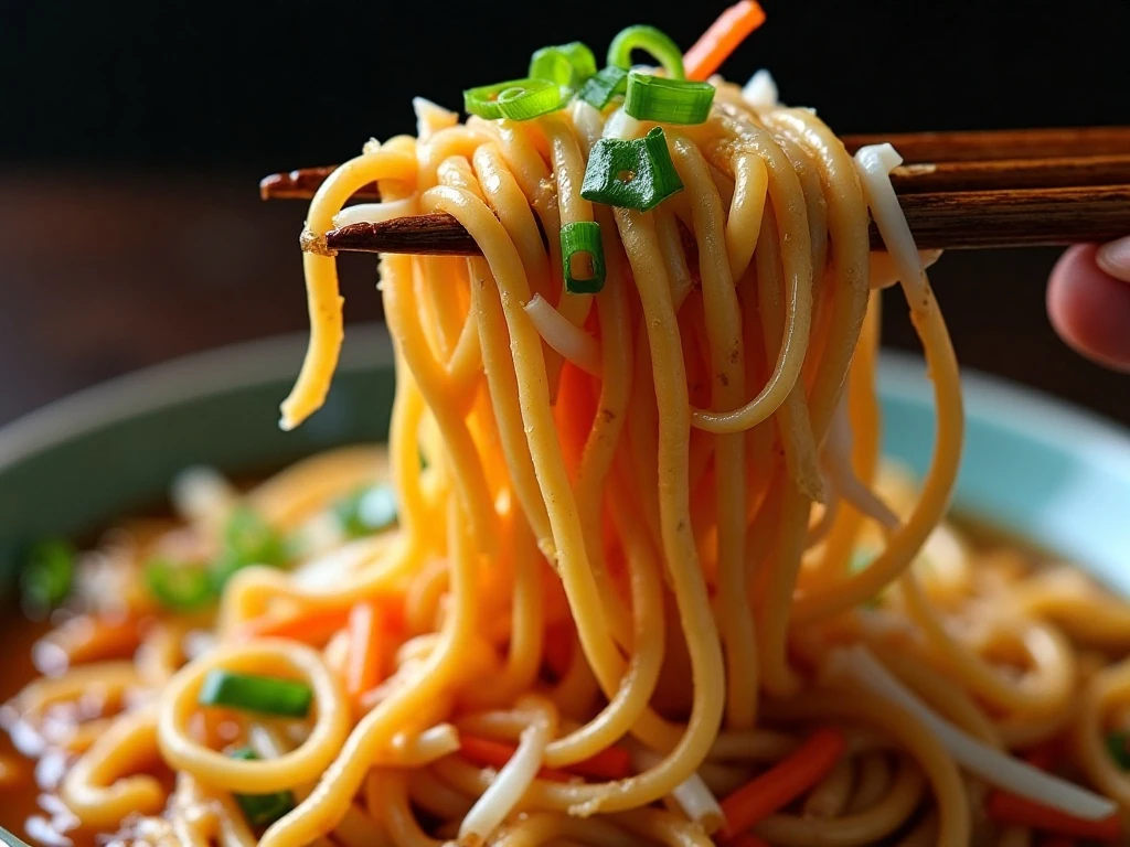Close-up of chow mein noodles with green onion garnish