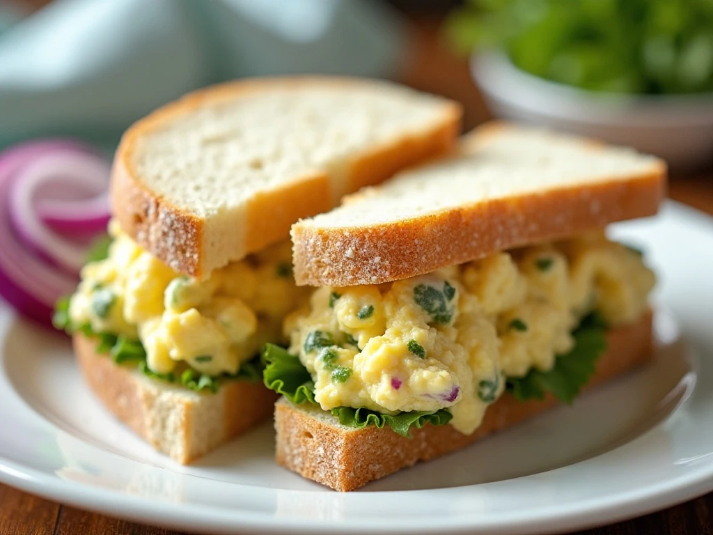 Creamy egg salad sandwich with herbs and crisp vegetables