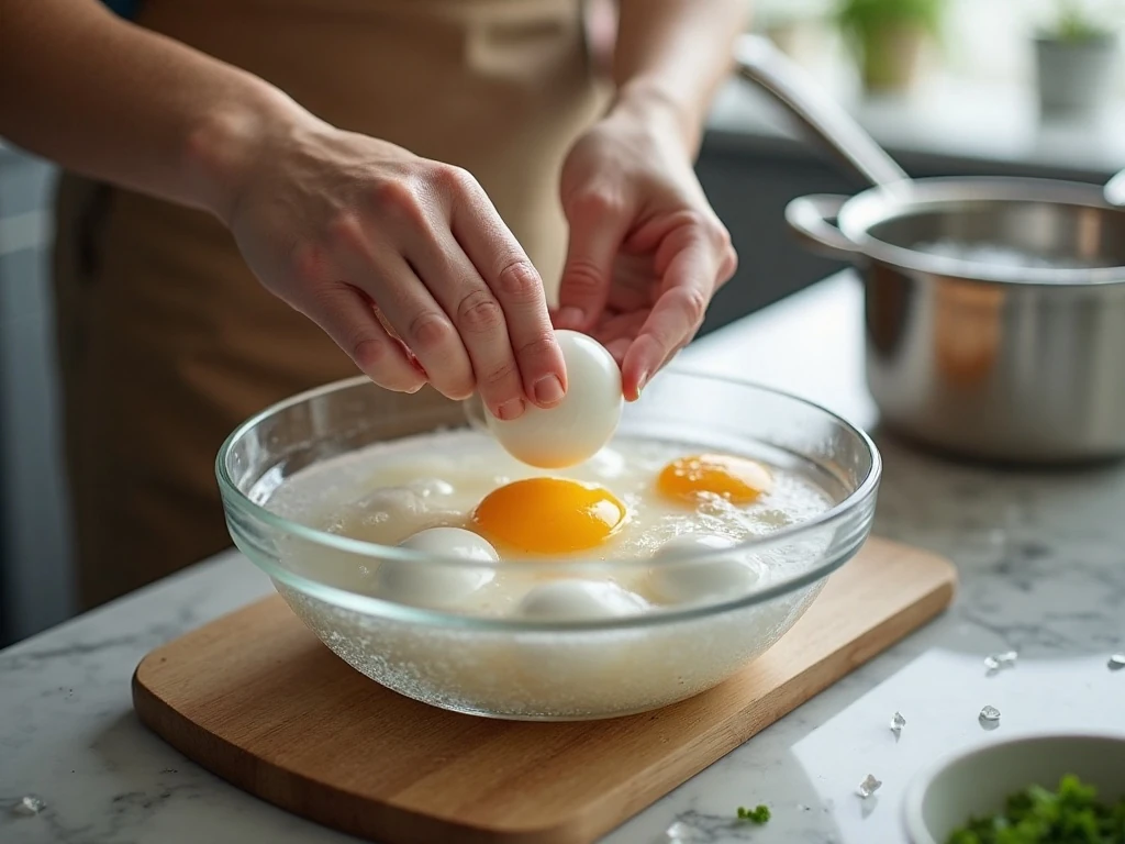 Cooling hard-boiled eggs in an ice bath for egg salad