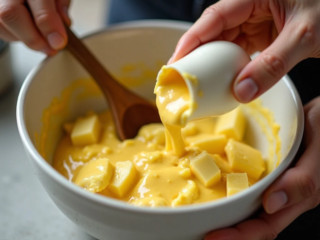 Gently folding chopped eggs into creamy egg salad dressing