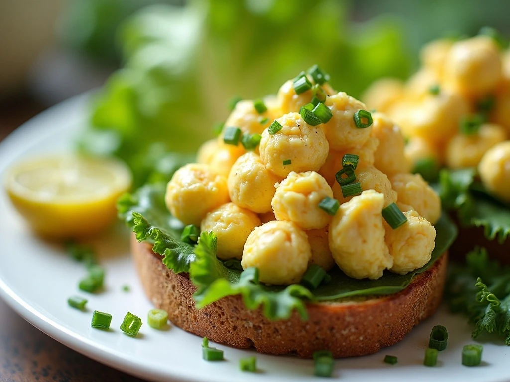 Egg salad served on toast and lettuce with fresh herbs