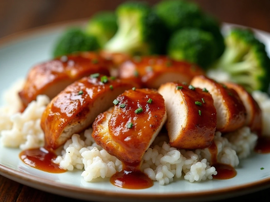 Sliced baked teriyaki chicken served with rice and broccoli