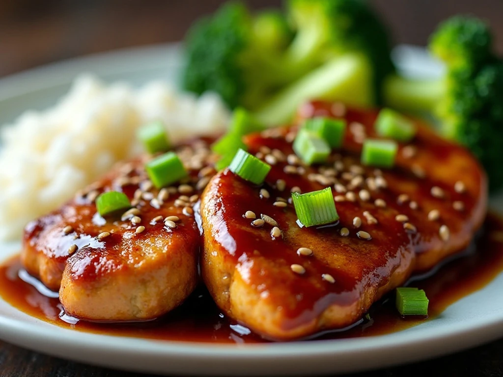 Teriyaki chicken garnished with sesame seeds and green onions
