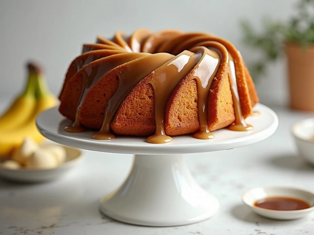 Moist banana Bundt cake with brown-sugar glaze