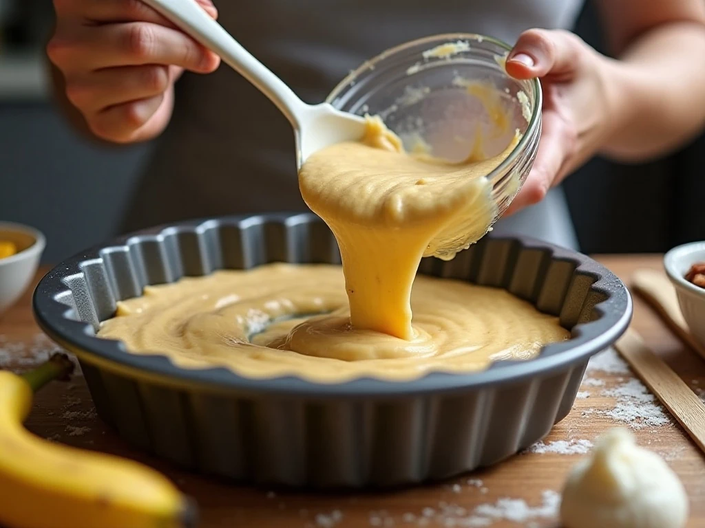 Preparing banana Bundt cake batter in a mixing bowl