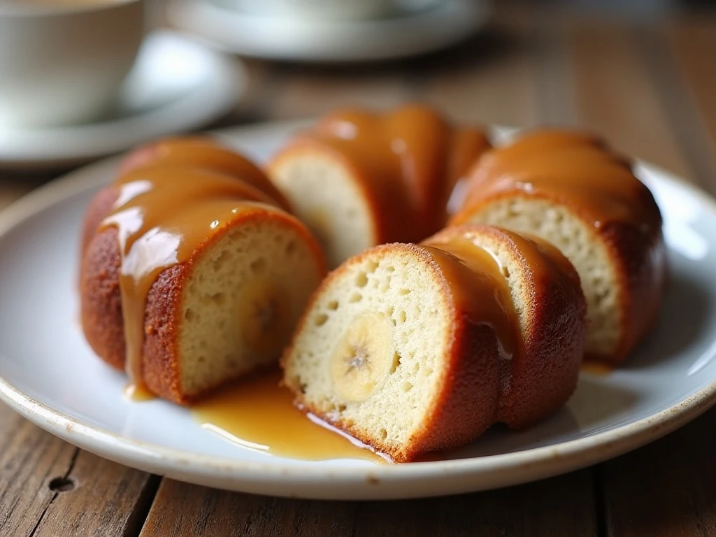 Slices of banana Bundt cake served with coffee