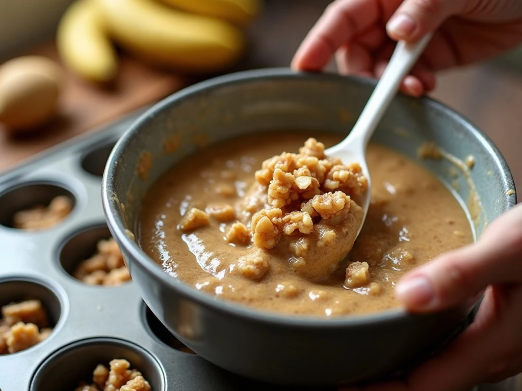 Folding chopped nuts into banana muffin batter