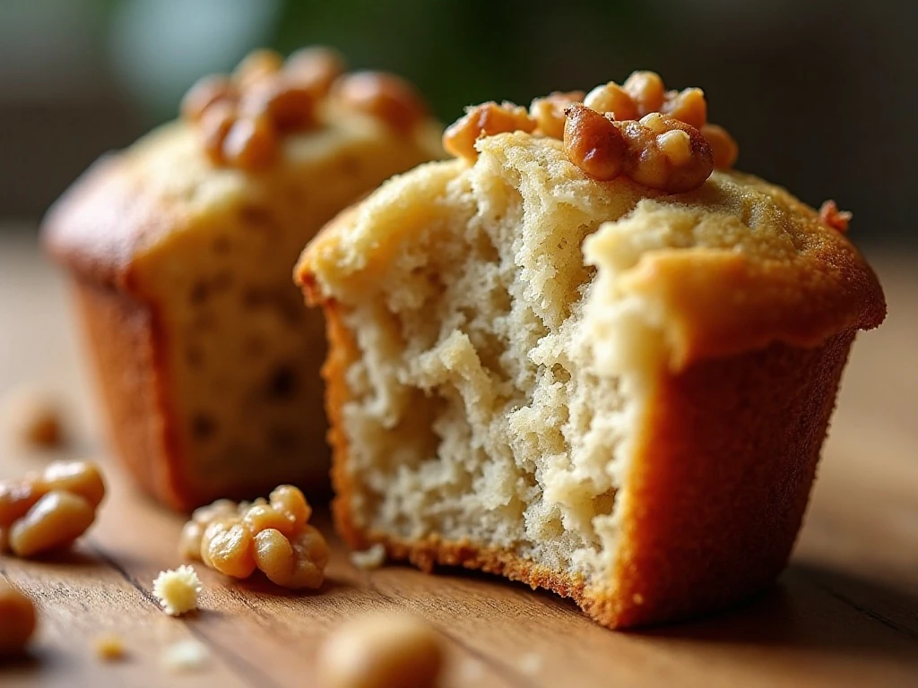 Close-up of moist banana muffin crumb and toasted nuts