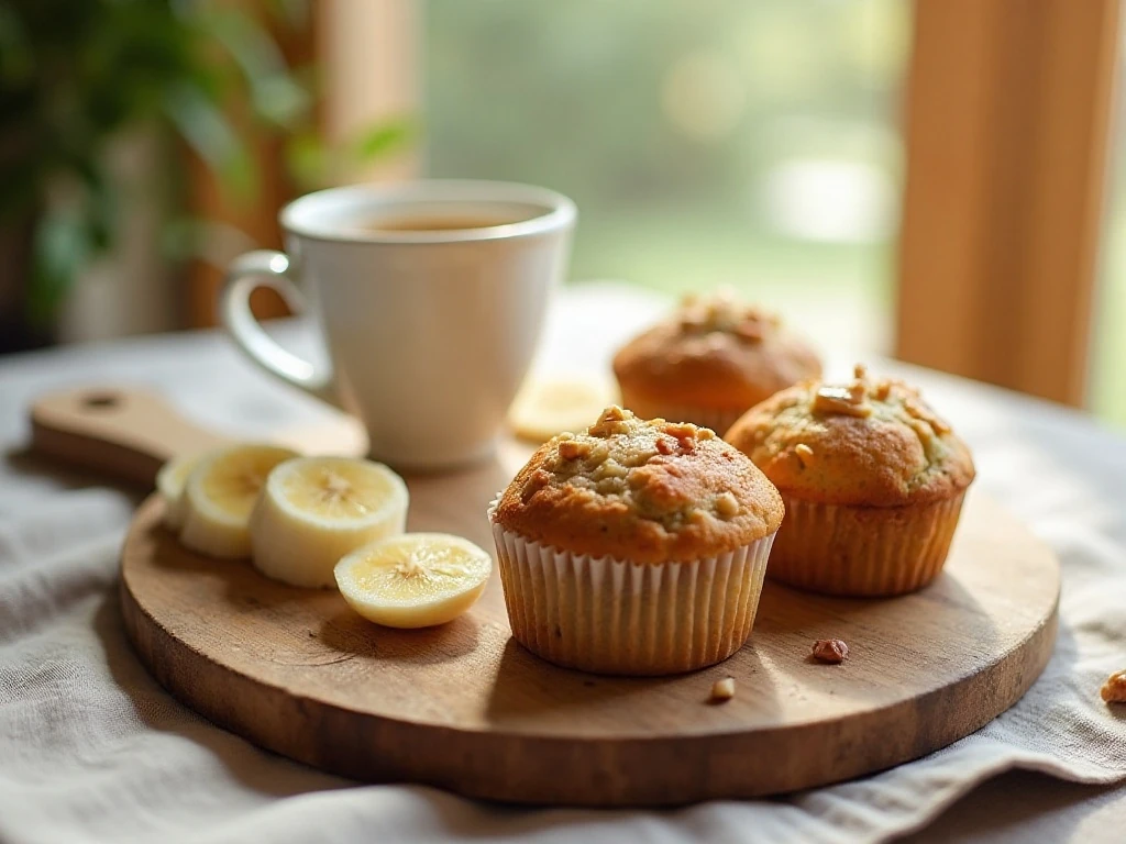 Banana nut muffins served with fruit and coffee