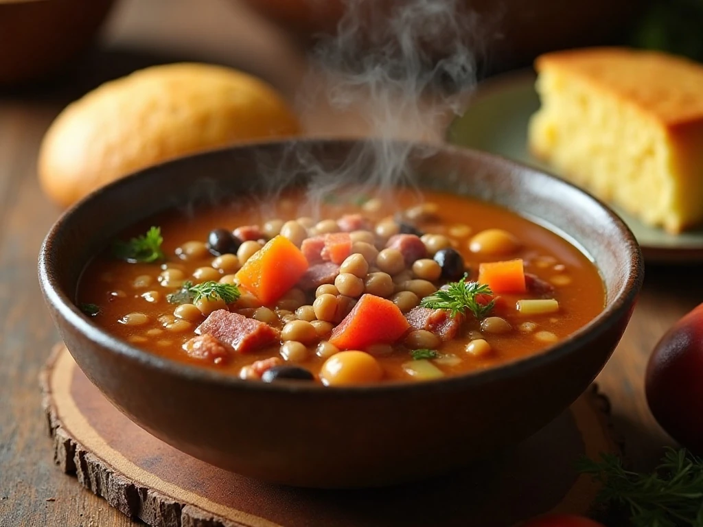 Hearty Southern black eyed pea soup served with cornbread