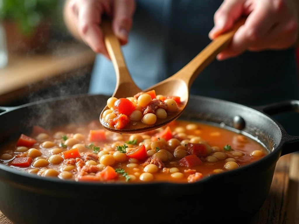 Black eyed pea soup simmering in a Dutch oven