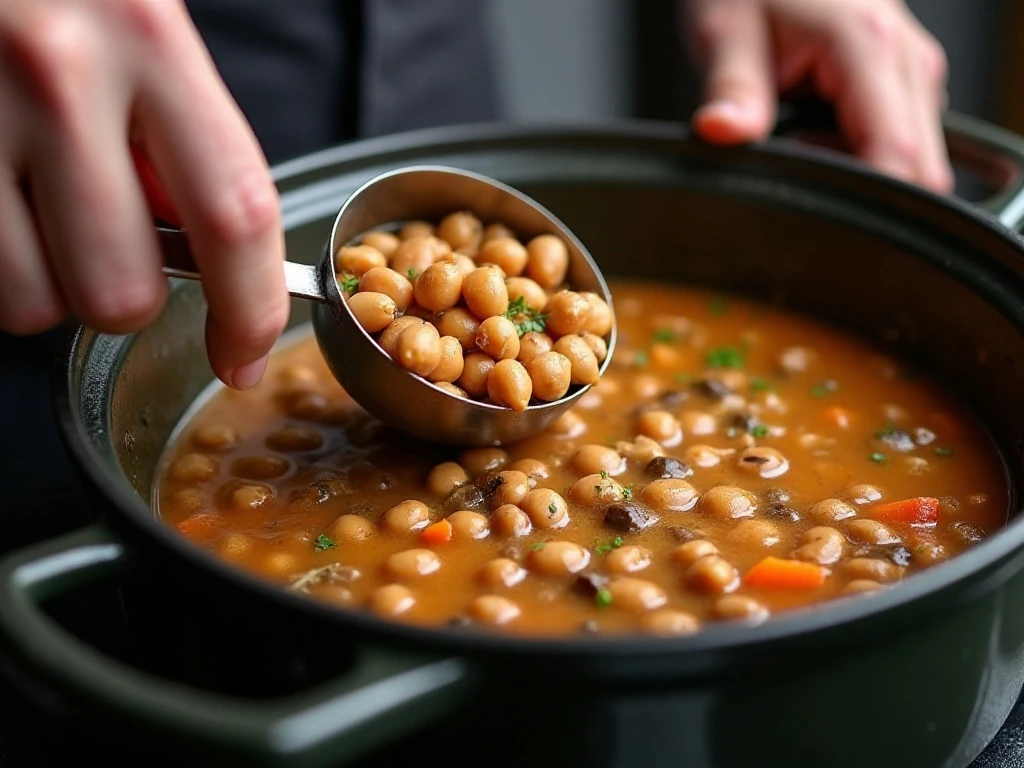 Mashing cooked peas to thicken black eyed pea soup