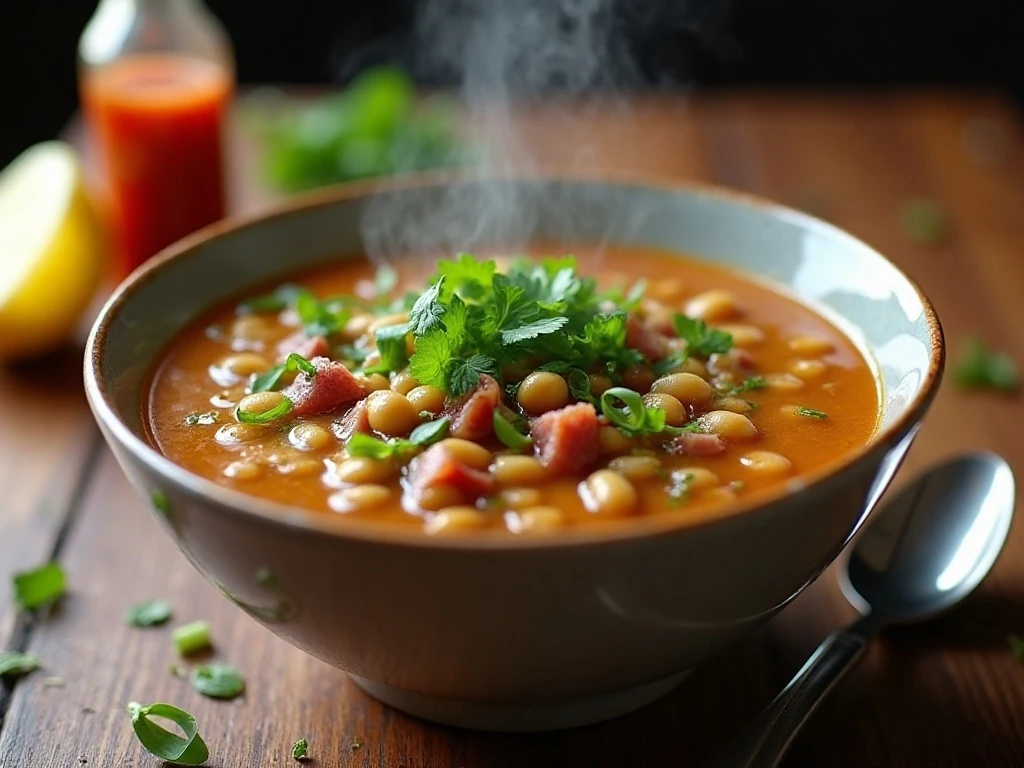 Garnished bowl of smoky black eyed pea soup