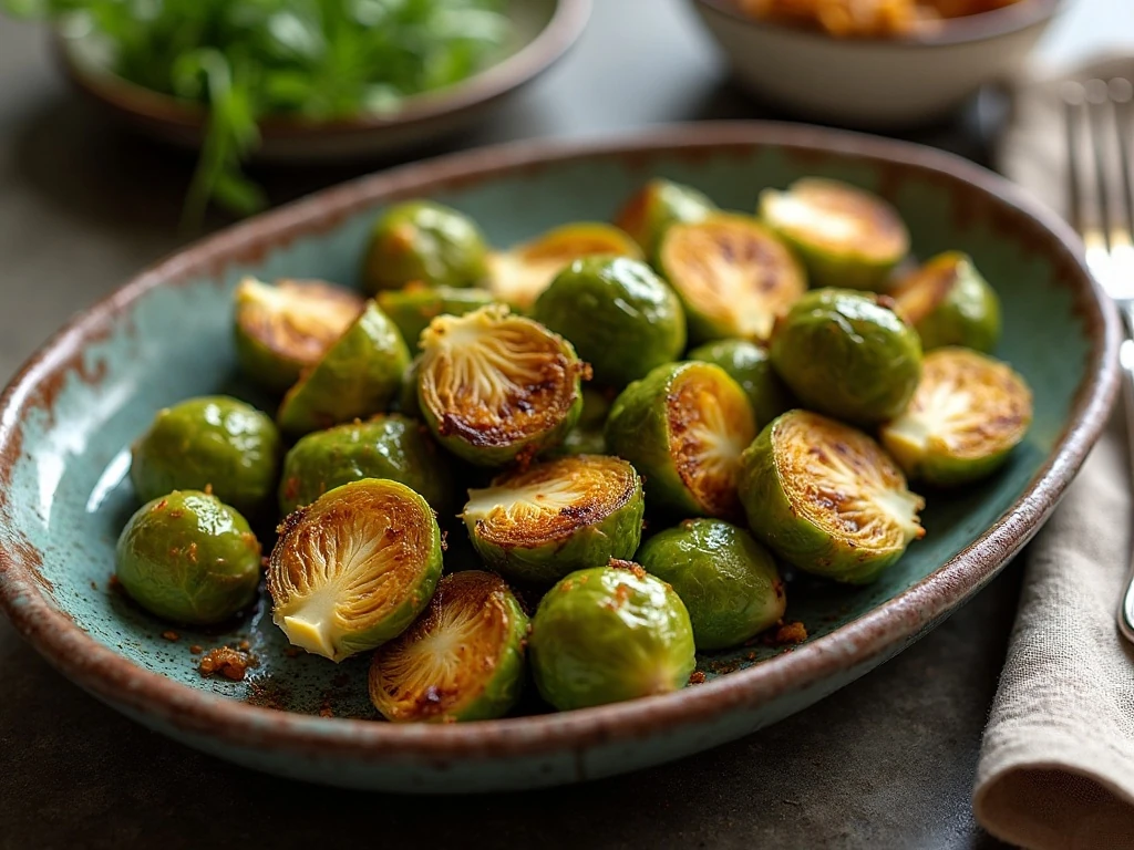 Crispy roasted Brussels sprouts served family-style
