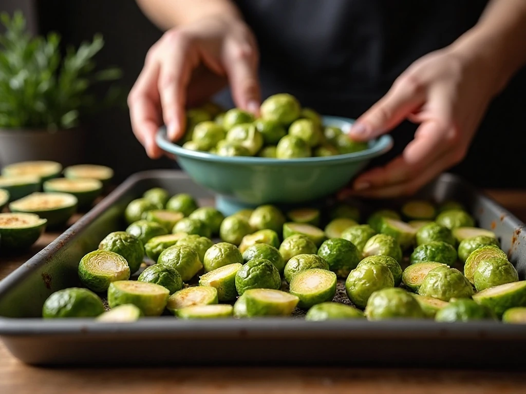 Brussels sprouts arranged cut-side down for roasting