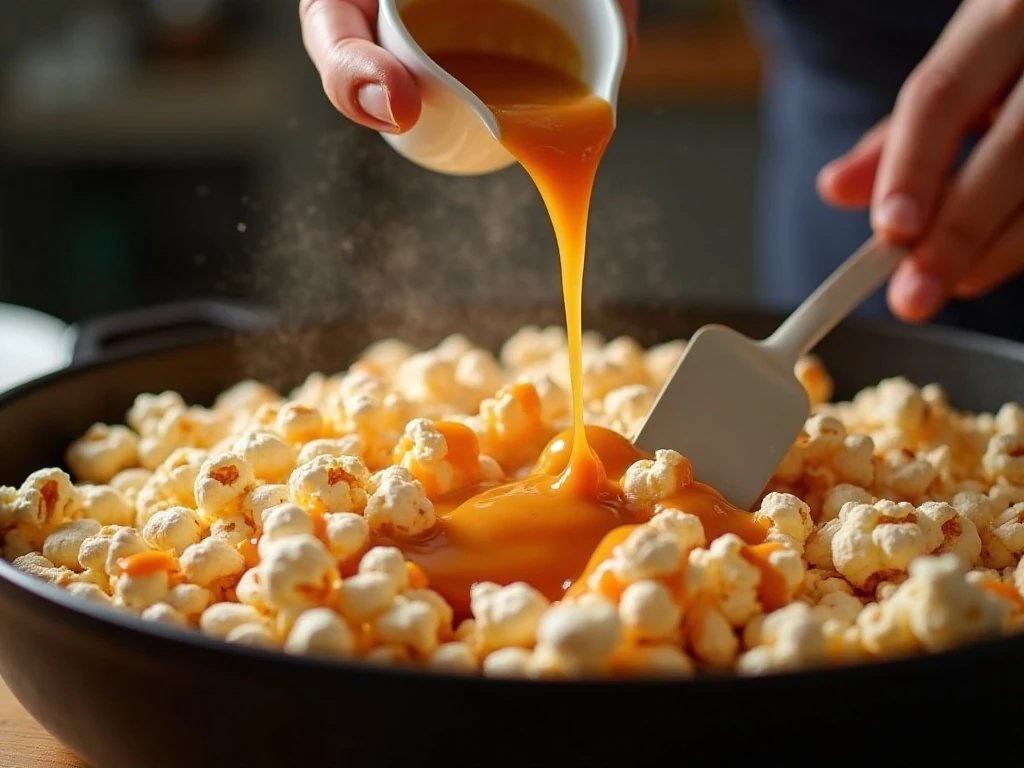 Pouring hot caramel over popped popcorn