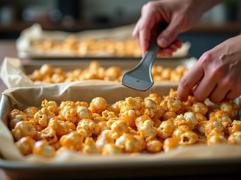 Caramel corn spread on baking sheets before baking