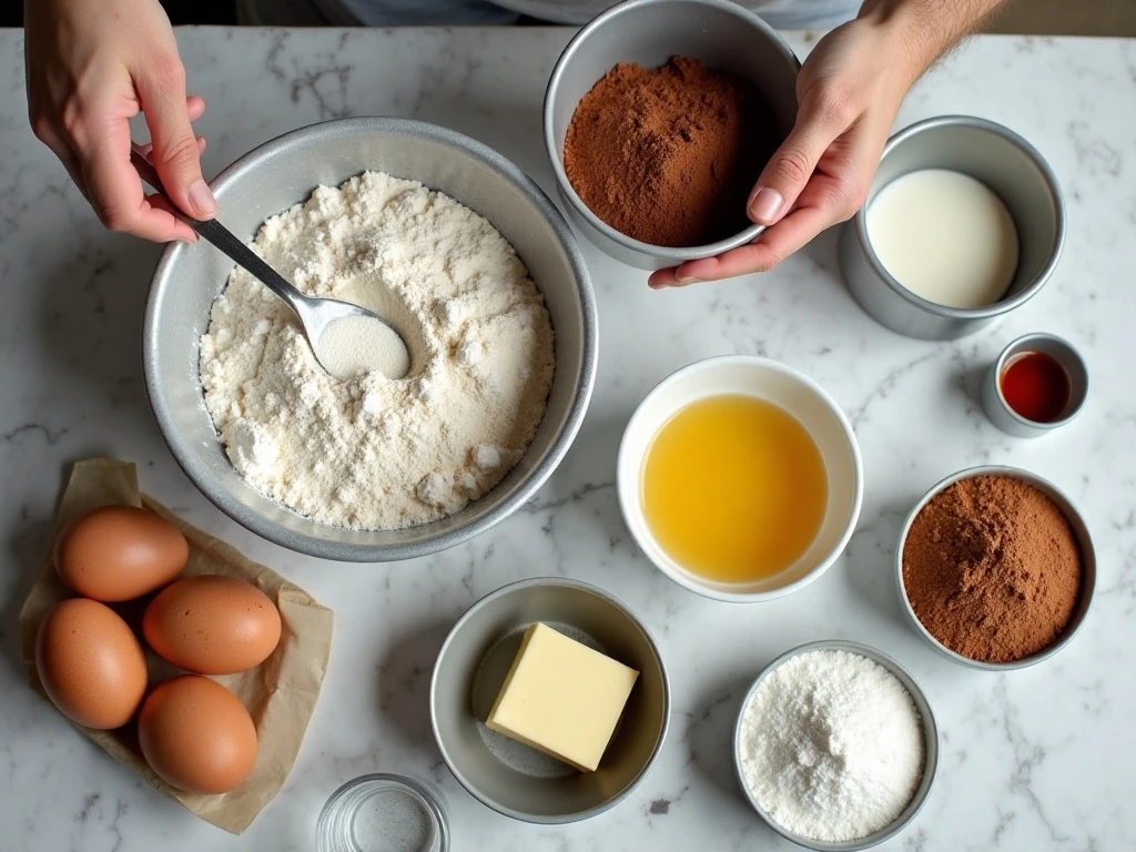 Ingredients for homemade chocolate cake and chocolate buttercream
