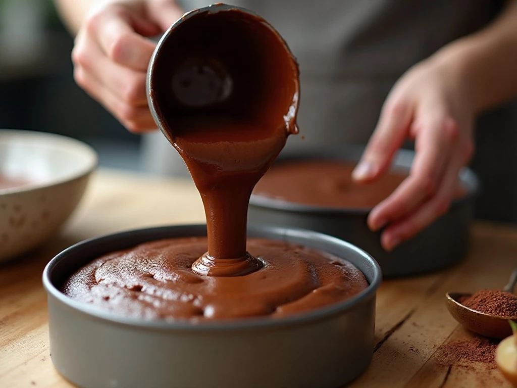 Thin chocolate cake batter divided between prepared cake pans