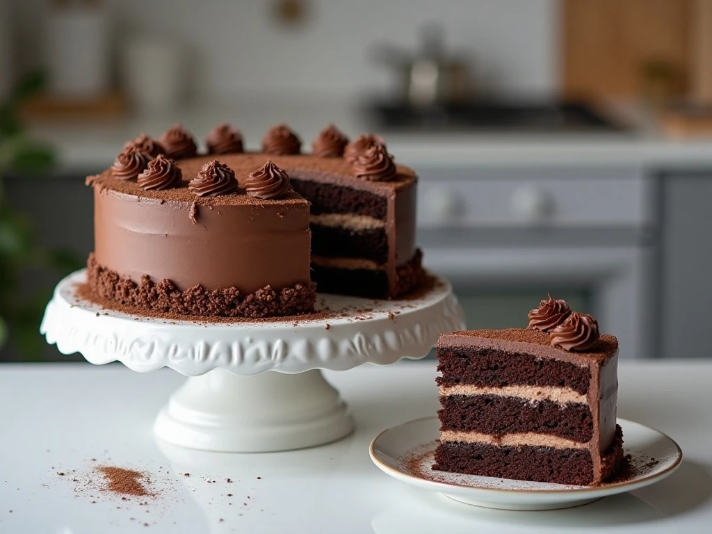 Stored and sliced chocolate cake ready to serve