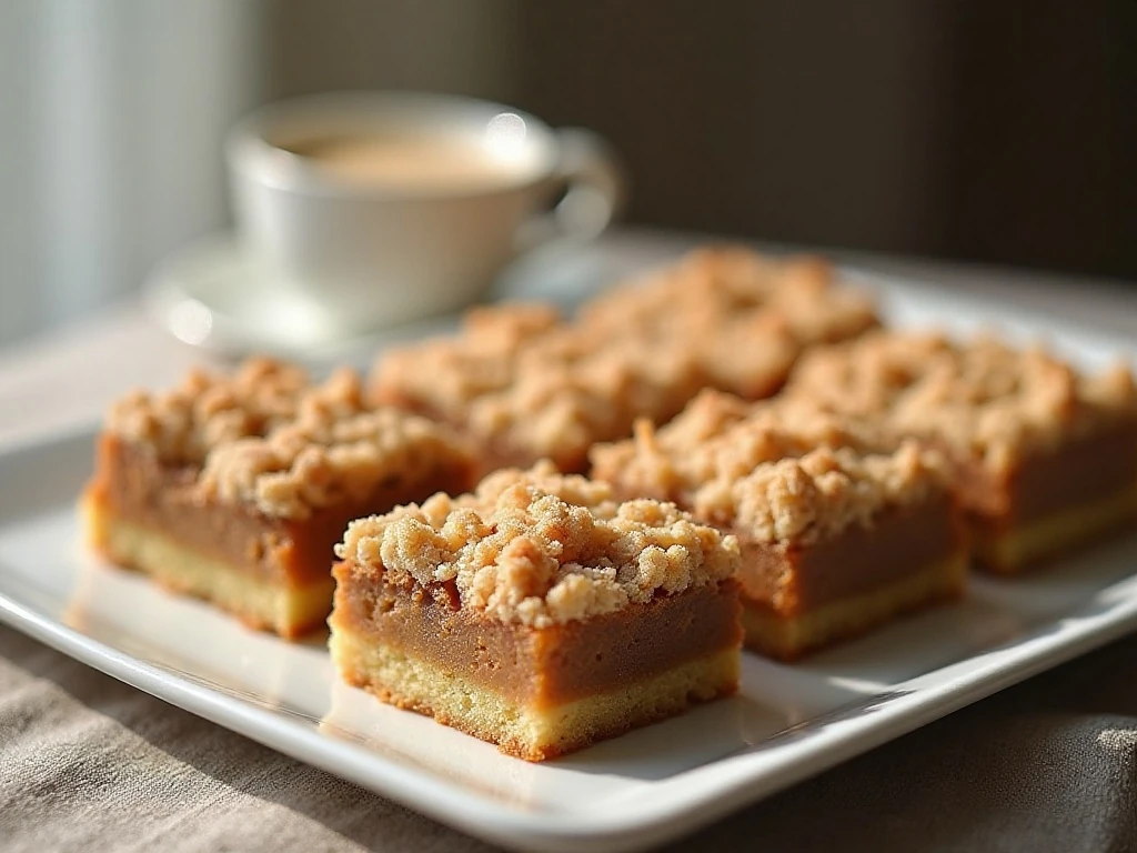 Slices of tender New York-style crumb cake with thick cinnamon crumbs
