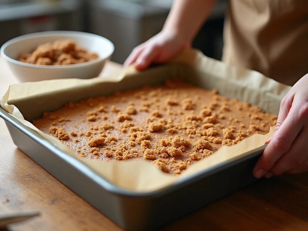 Thick crumb cake batter spread in a parchment-lined baking pan