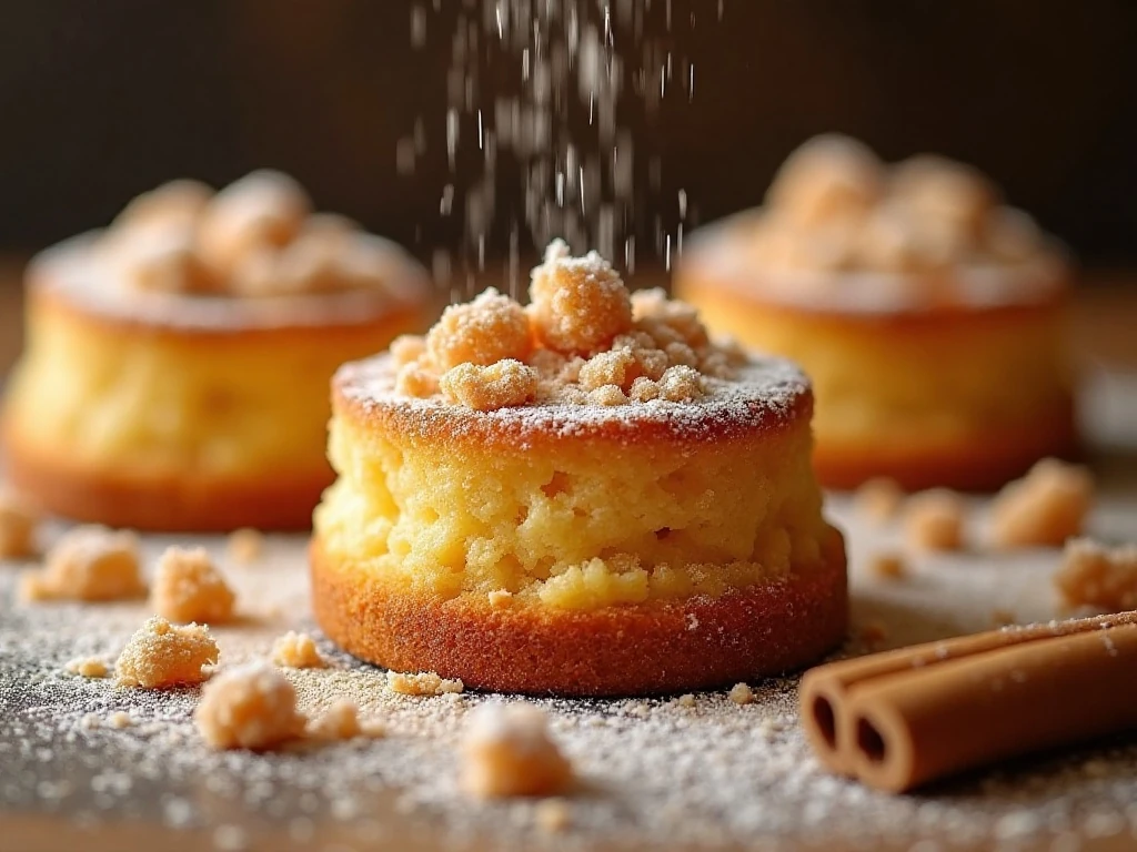 Large buttery cinnamon crumbs and confectioners’ sugar on crumb cake